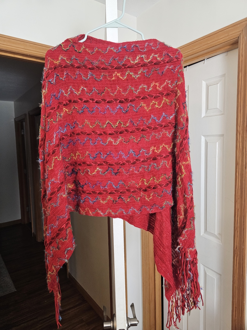 Red Multicolor Wavy Knit Fringe Shawl